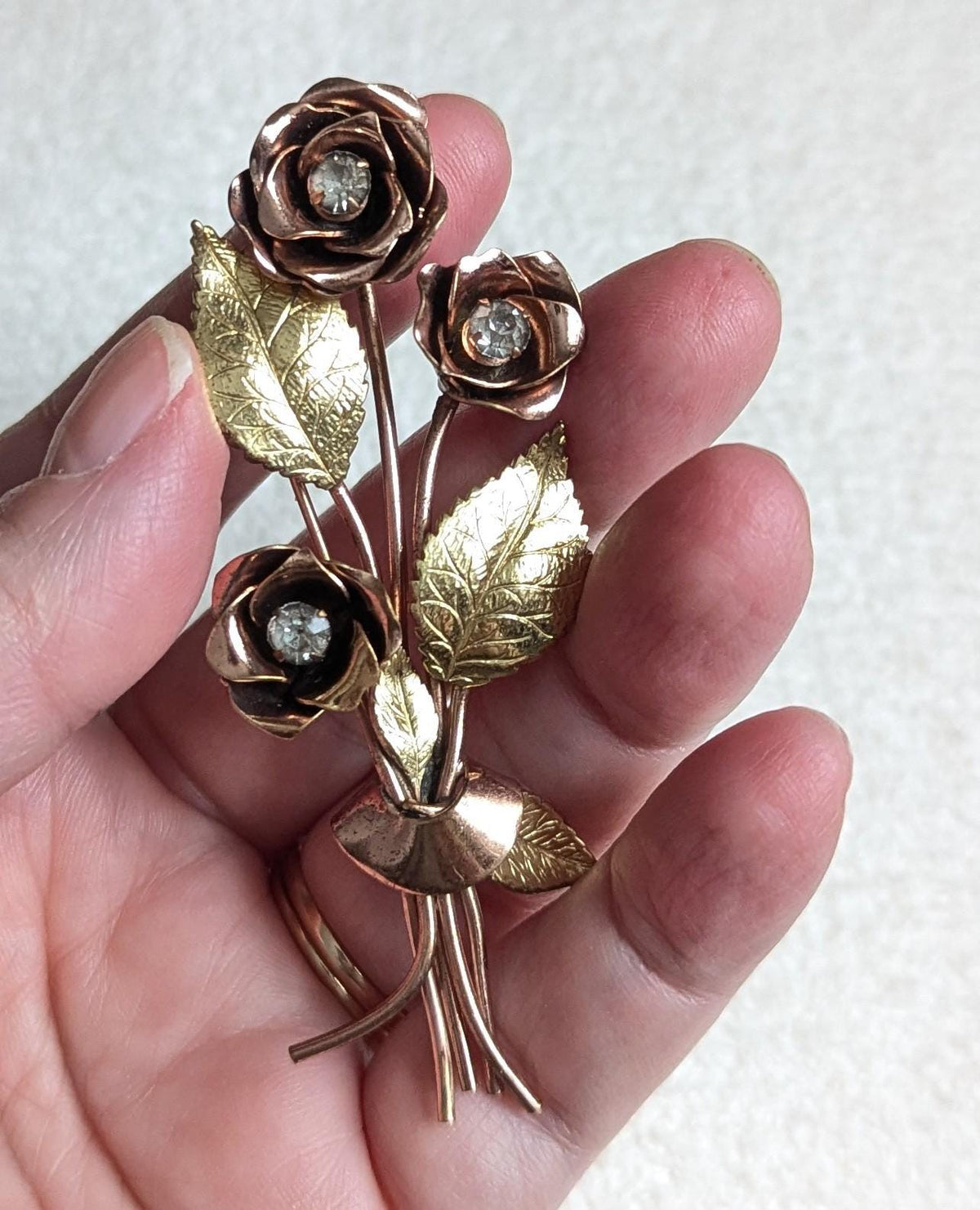 Coro Pegasus Rose Bouquet Brooch | Vintage Rhinestone Floral Pin | Two-Tone Gold Mid-Century Costume Jewelry