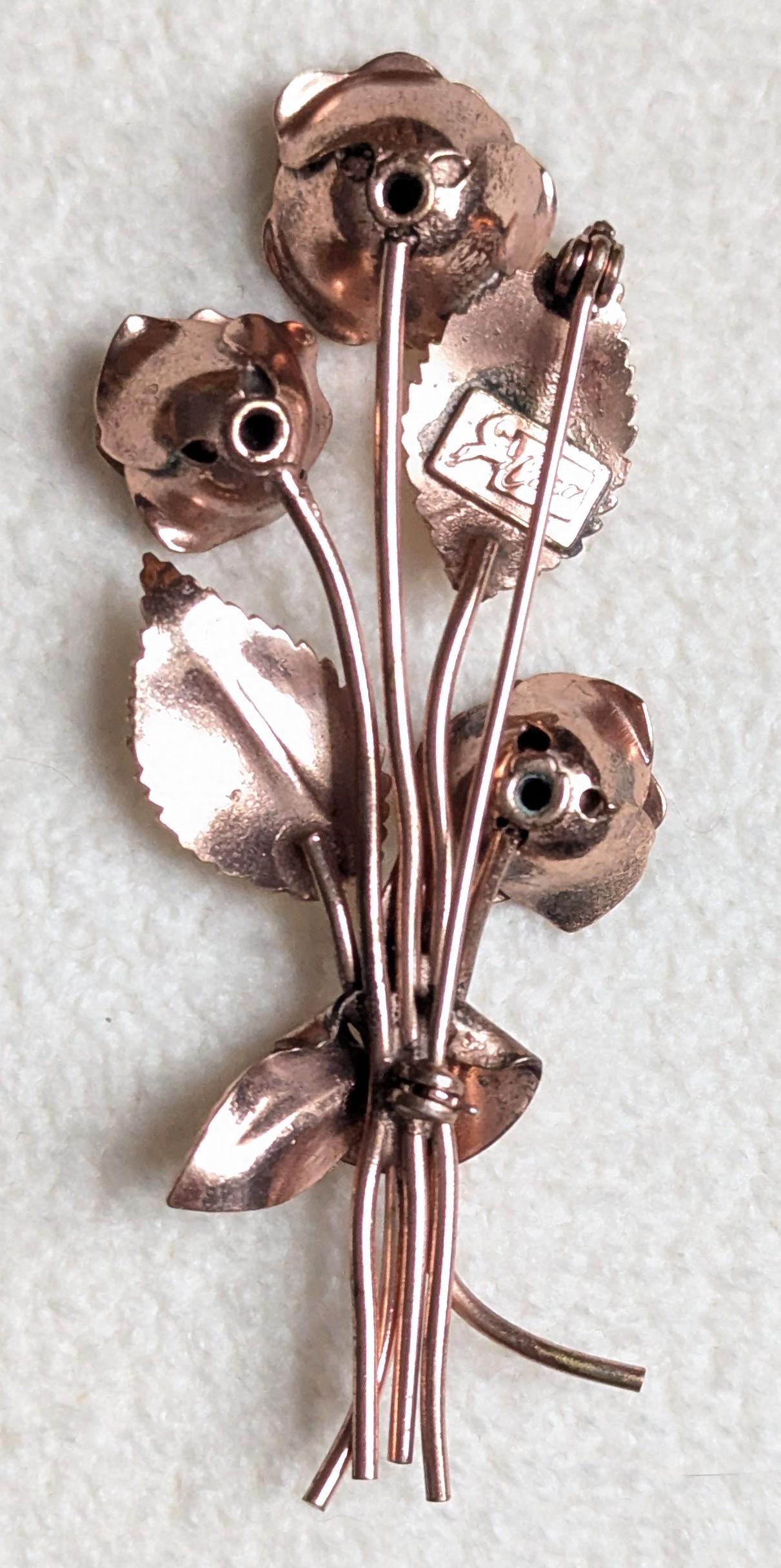 Coro Pegasus Rose Bouquet Brooch | Vintage Rhinestone Floral Pin | Two-Tone Gold Mid-Century Costume Jewelry