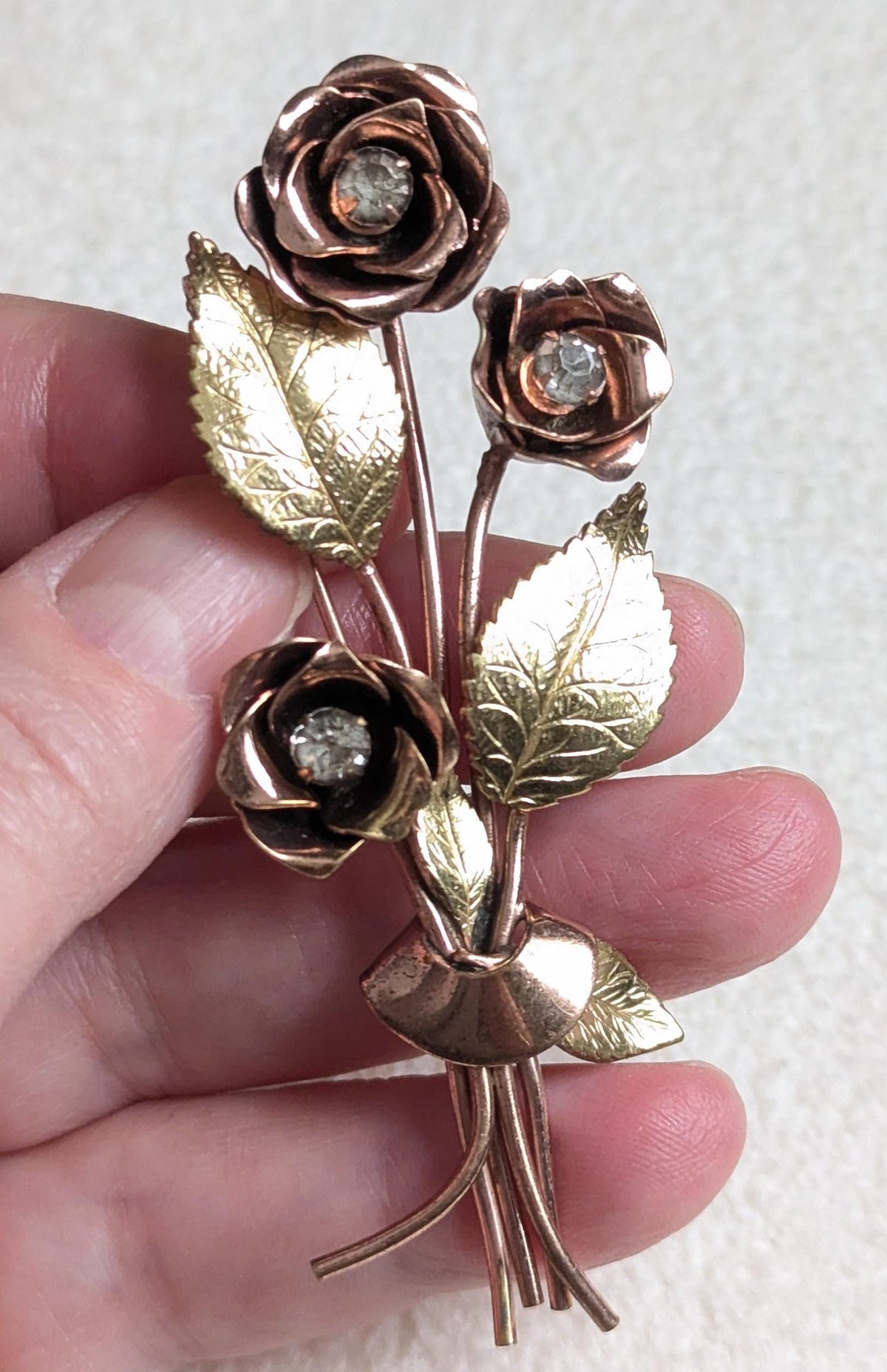 Coro Pegasus Rose Bouquet Brooch | Vintage Rhinestone Floral Pin | Two-Tone Gold Mid-Century Costume Jewelry