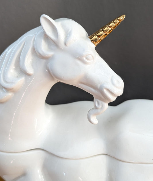 Vintage White Ceramic Unicorn Trinket Box | Lidded Mythic Figurine | 1980s–1990s Keeper Object