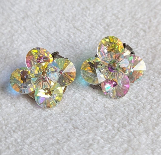 Vintage Aurora Borealis Clip-On Earrings – Iridescent Crystal Floral Design, Mid Century Costume Jewelry