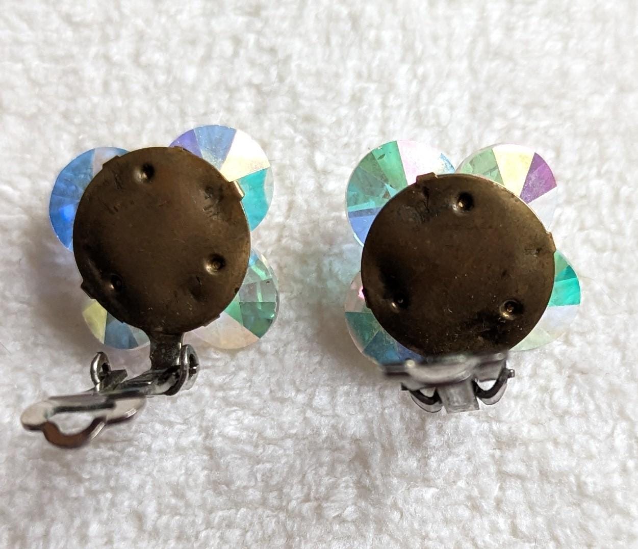 Vintage Aurora Borealis Clip-On Earrings – Iridescent Crystal Floral Design, Mid Century Costume Jewelry