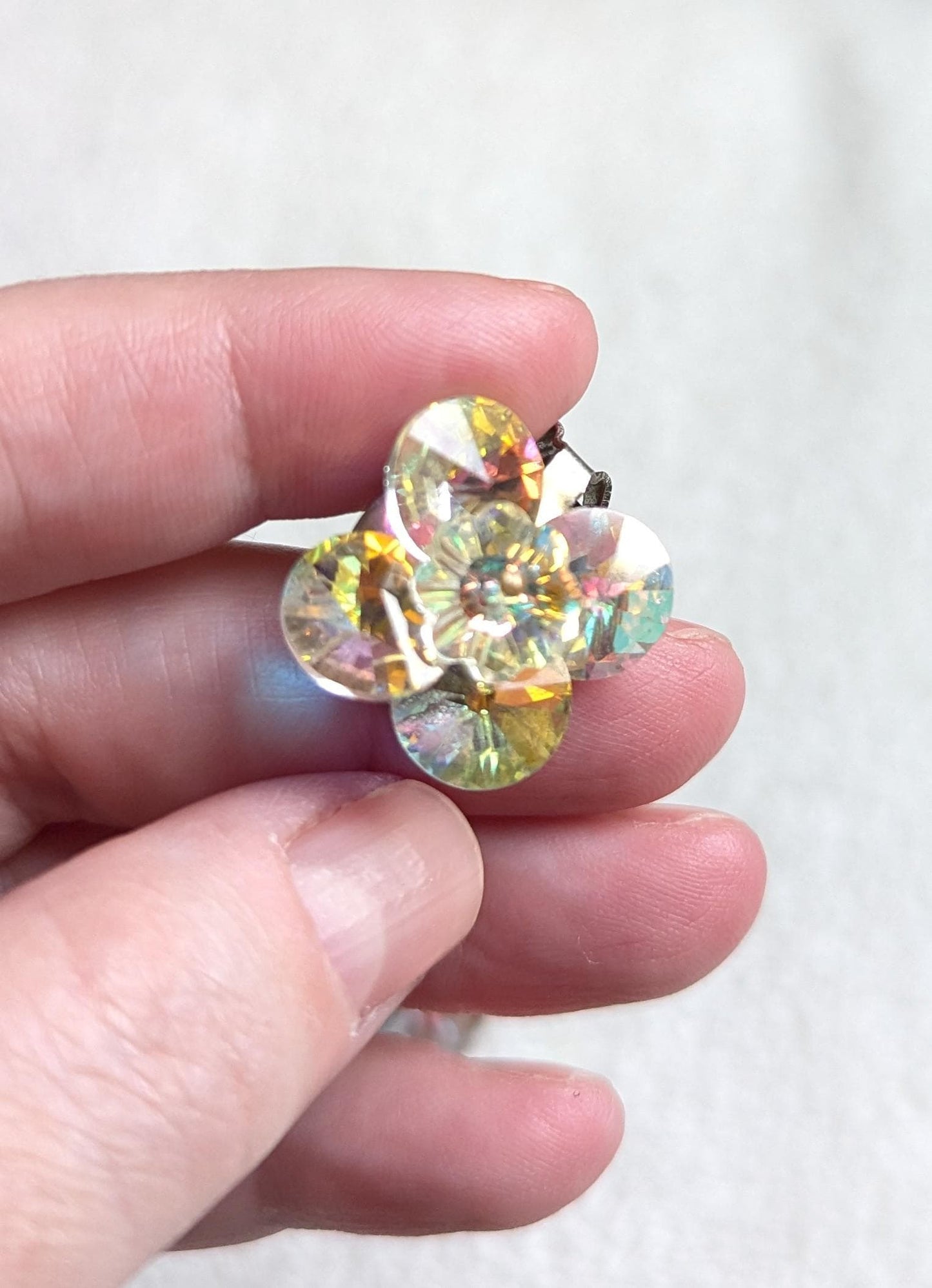 Vintage Aurora Borealis Clip-On Earrings – Iridescent Crystal Floral Design, Mid Century Costume Jewelry
