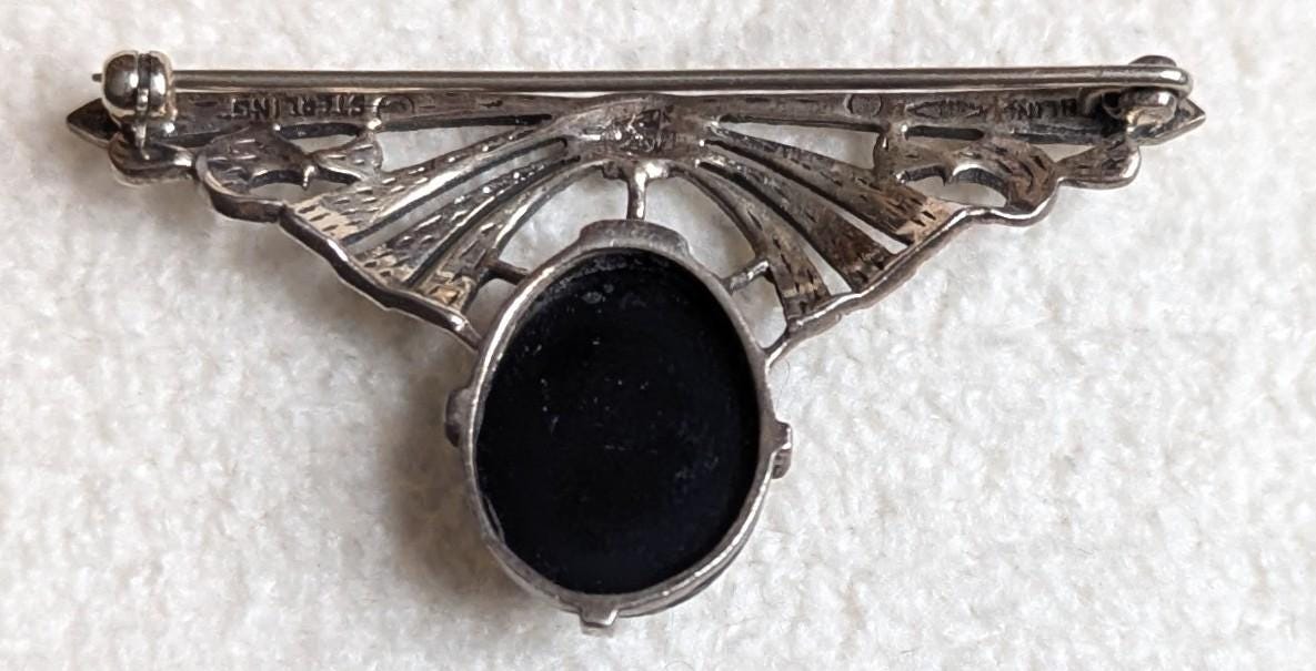 Vintage Art Deco Sterling Silver Onyx Marcasite Bow Brooch