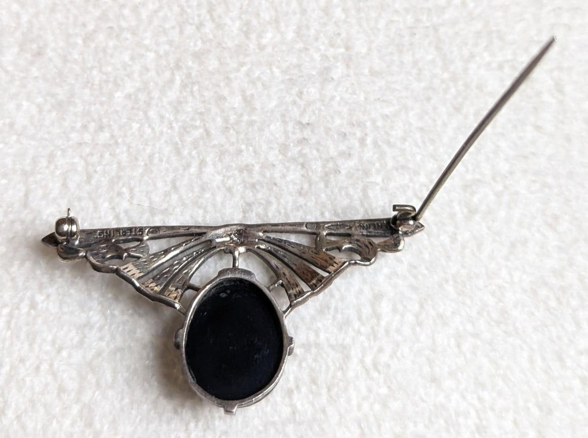 Vintage Art Deco Sterling Silver Onyx Marcasite Bow Brooch