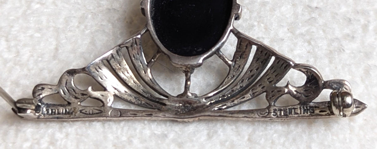 Vintage Art Deco Sterling Silver Onyx Marcasite Bow Brooch