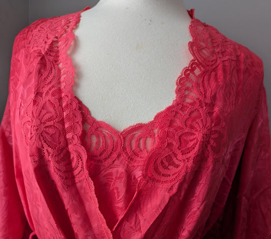 Vanity Fair Vintage Peignoir Set | Coral Pink Lace Trim, Size M