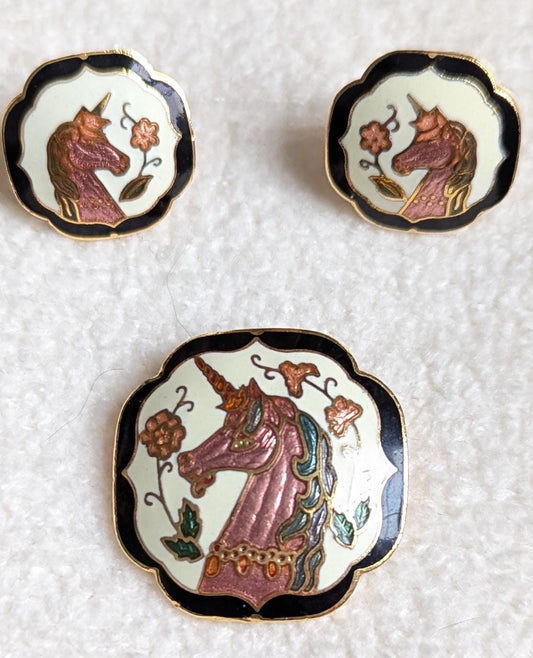 Vintage Cloisonné-Style Unicorn Brooch and Earrings Set | 1980s Fantasy Jewelry