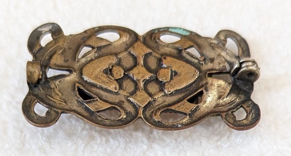 Art Nouveau Amber Glass Pendant | Brass Floral Filigree, Converted Brooch