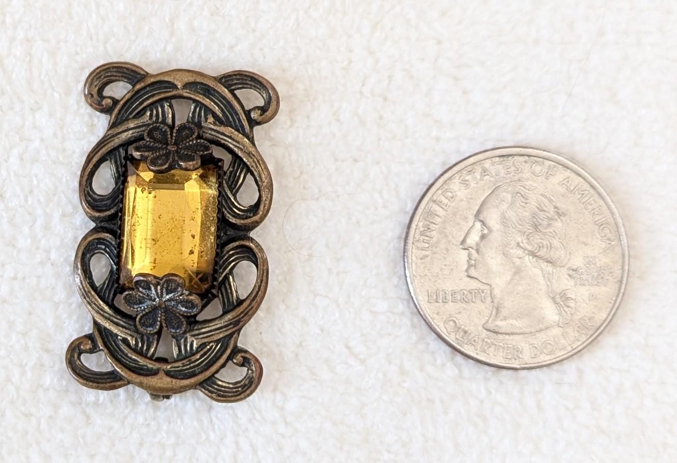Art Nouveau Amber Glass Pendant | Brass Floral Filigree, Converted Brooch
