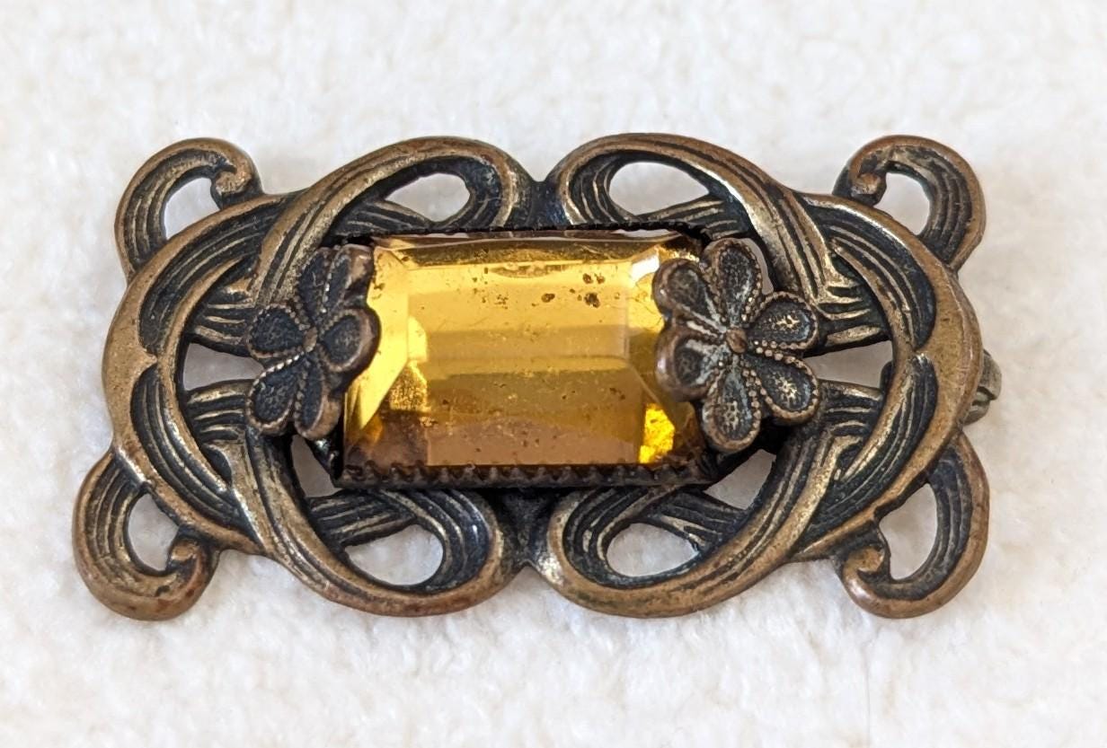 Art Nouveau Amber Glass Pendant | Brass Floral Filigree, Converted Brooch