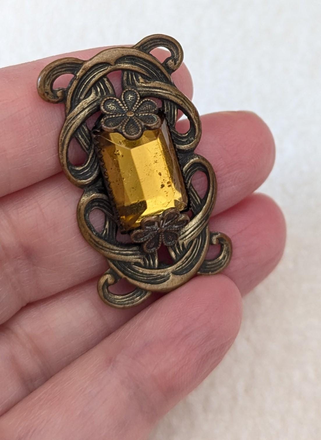 Art Nouveau Amber Glass Pendant | Brass Floral Filigree, Converted Brooch