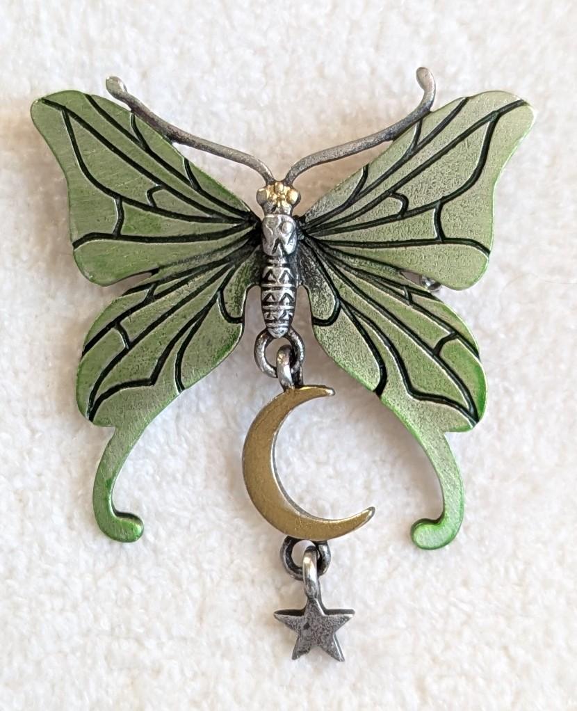 Vintage JJ Butterfly Brooch with Moon & Star Dangle – Pewter Green Celestial Pin