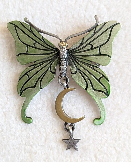 Vintage JJ Butterfly Brooch with Moon & Star Dangle – Pewter Green Enamel Celestial Pin