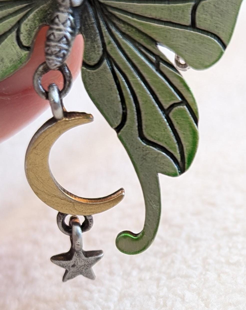 Vintage JJ Butterfly Brooch with Moon & Star Dangle – Pewter Green Celestial Pin