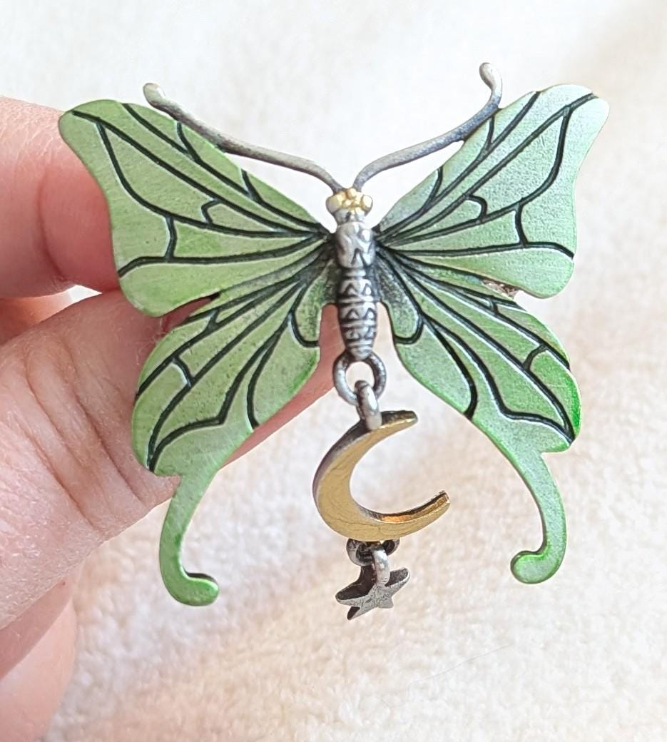 Vintage JJ Butterfly Brooch with Moon & Star Dangle – Pewter Green Celestial Pin