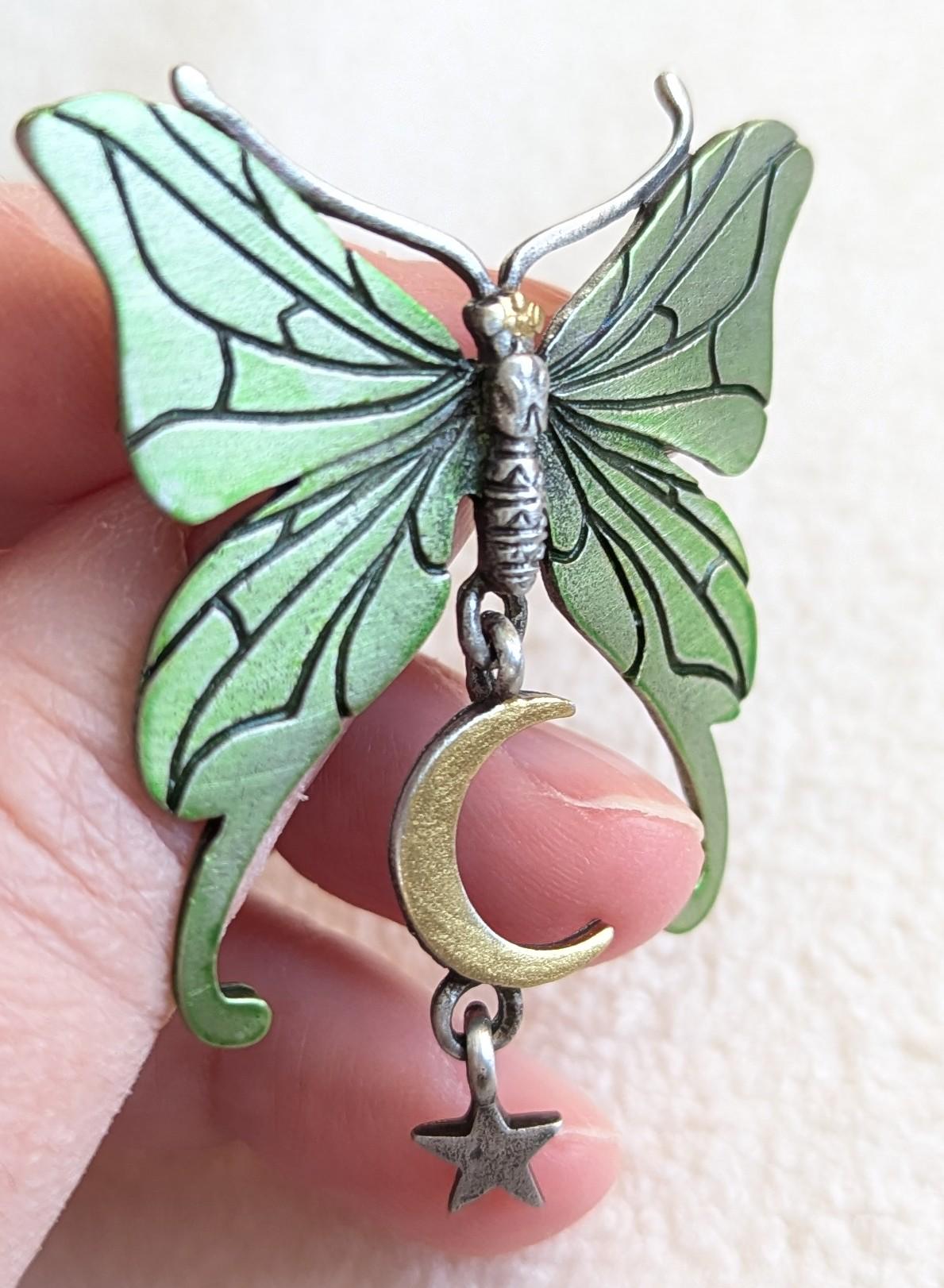 Vintage JJ Butterfly Brooch with Moon & Star Dangle – Pewter Green Celestial Pin