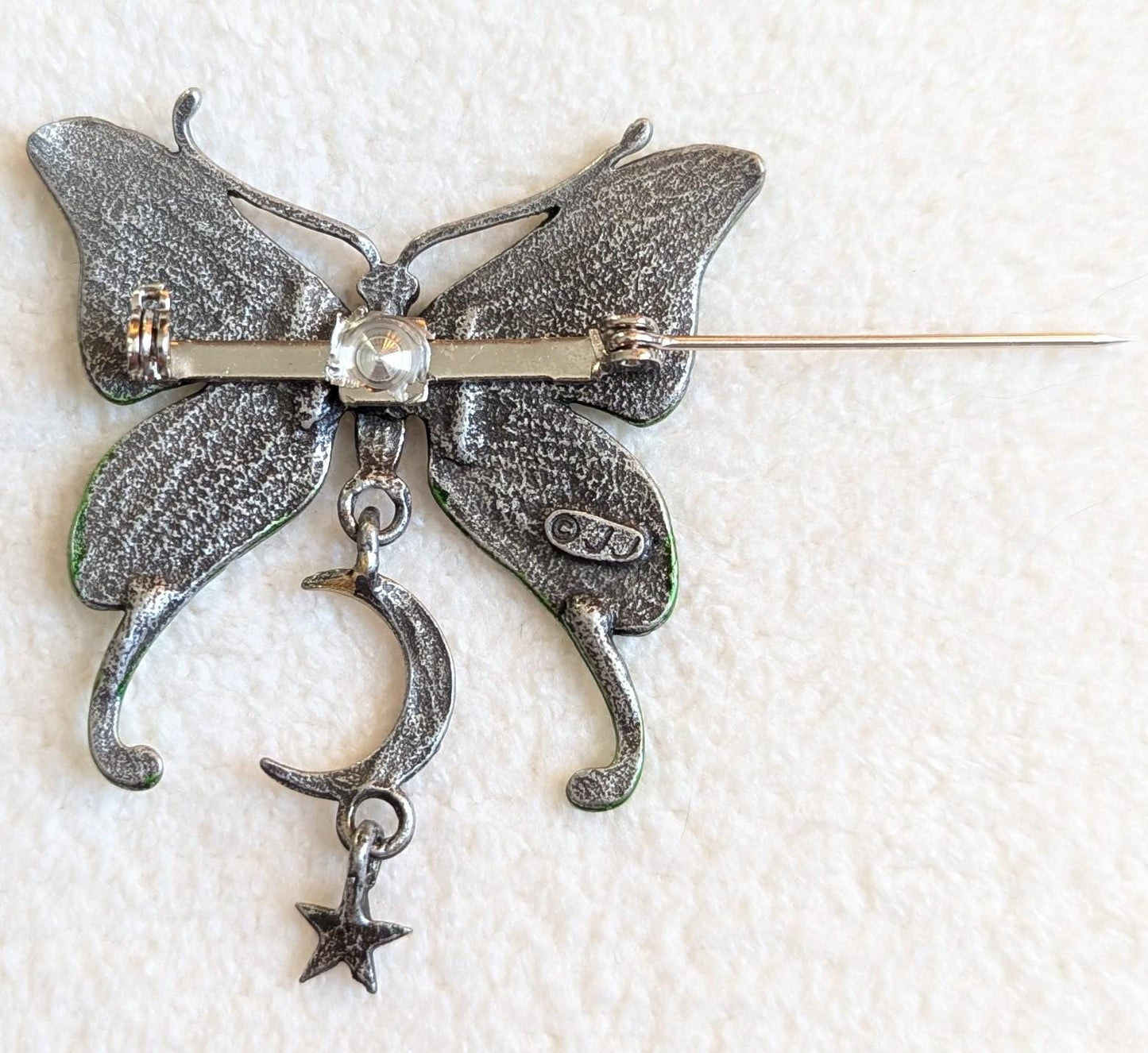 Vintage JJ Butterfly Brooch with Moon & Star Dangle – Pewter Green Celestial Pin