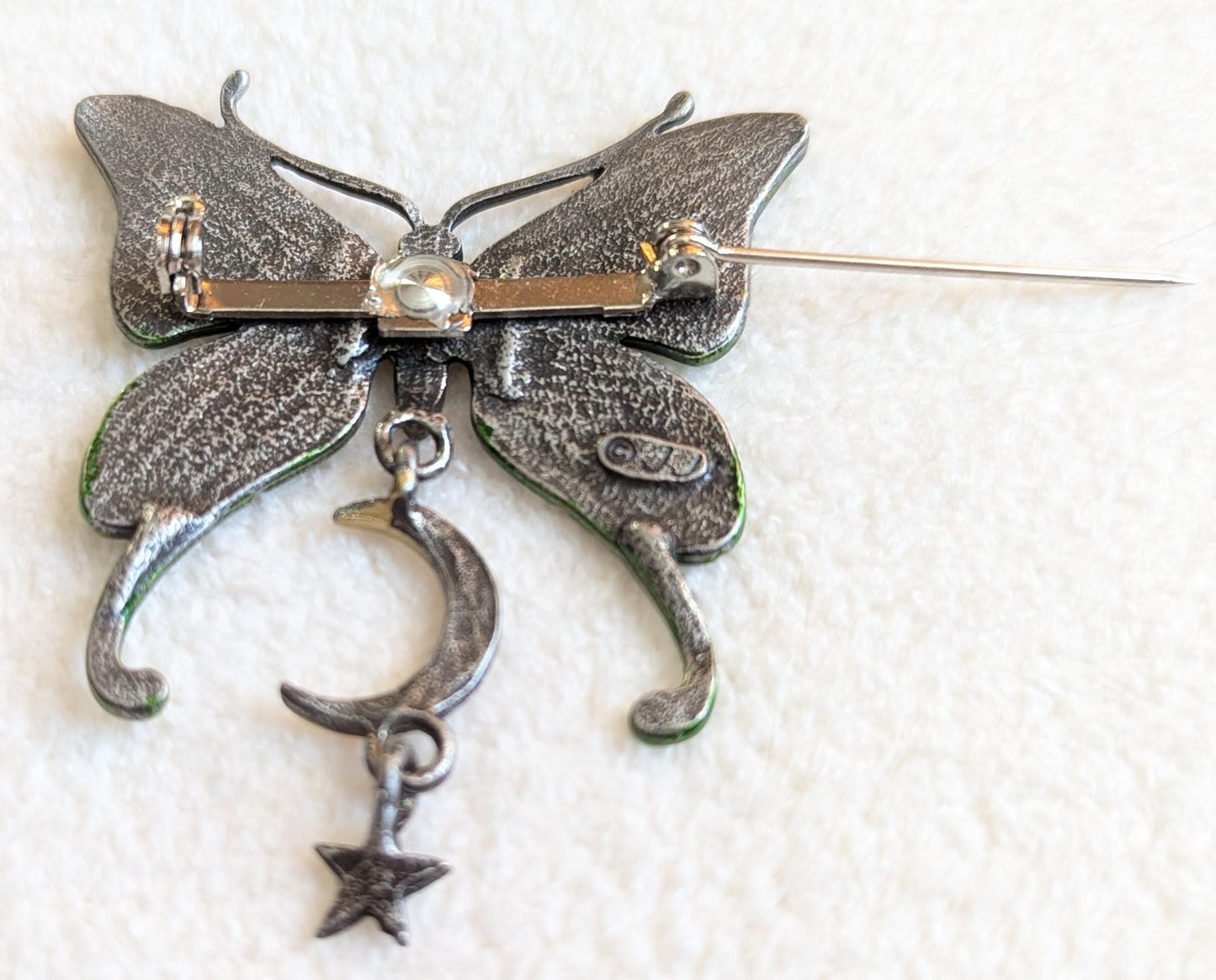 Vintage JJ Butterfly Brooch with Moon & Star Dangle – Pewter Green Celestial Pin