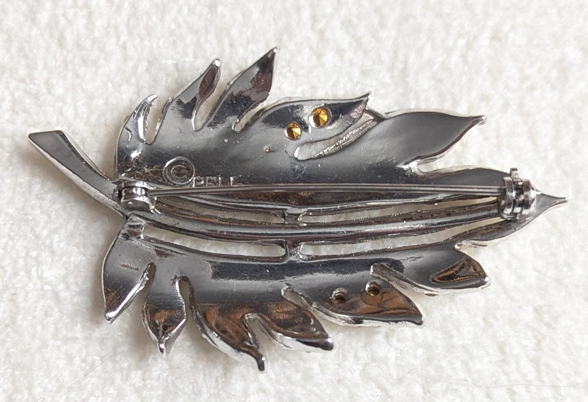 Pell Rhinestone Leaf Brooch | Vintage 1950s Silver Tone Botanical Pin