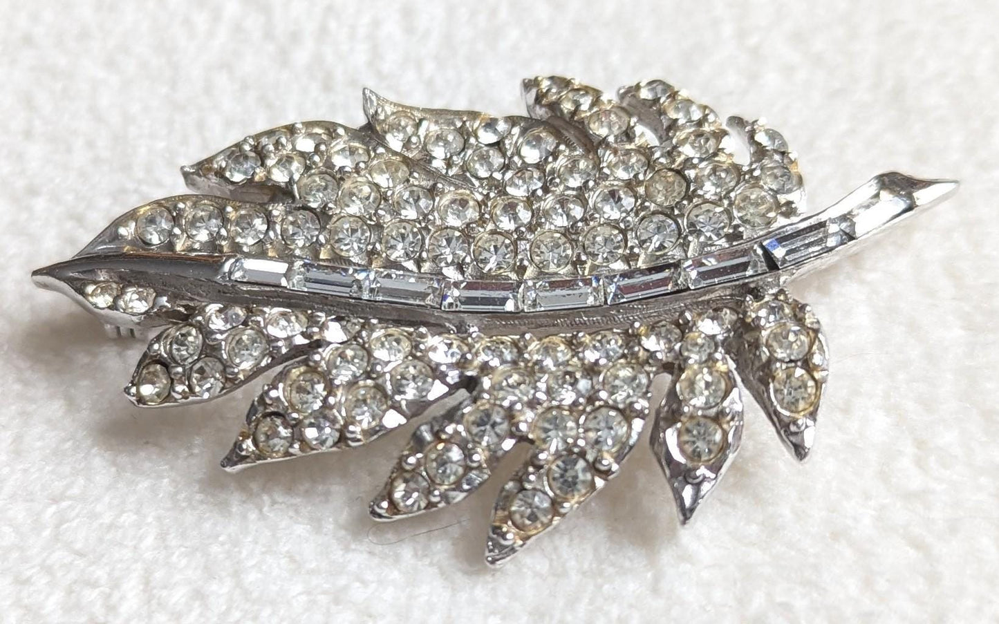 Pell Rhinestone Leaf Brooch | Vintage 1950s Silver Tone Botanical Pin