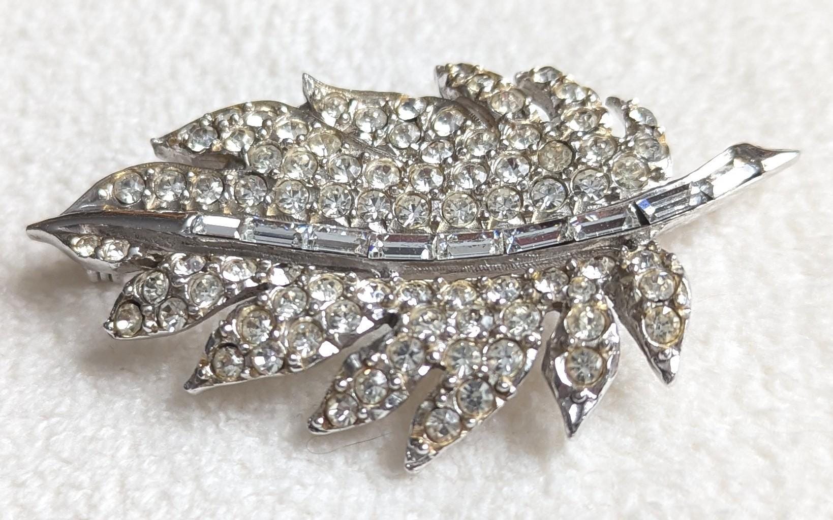 Pell Rhinestone Leaf Brooch | Vintage 1950s Silver Tone Botanical Pin