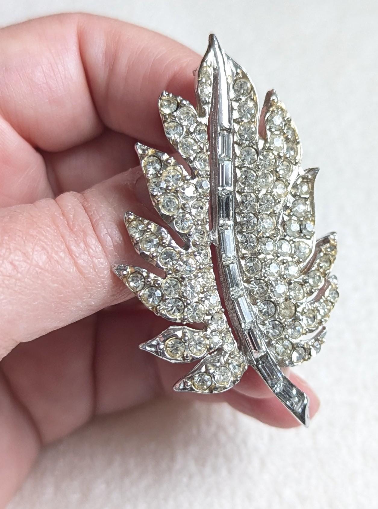 Pell Rhinestone Leaf Brooch | Vintage 1950s Silver Tone Botanical Pin