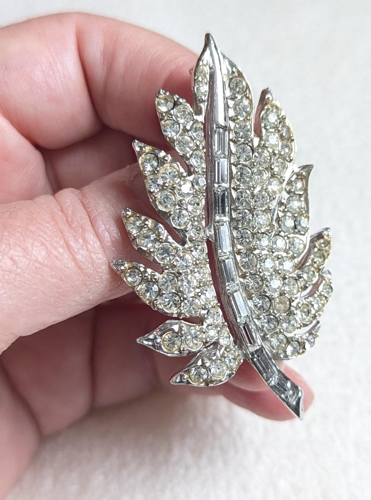 Pell Rhinestone Leaf Brooch | Vintage 1950s Silver Tone Botanical Pin