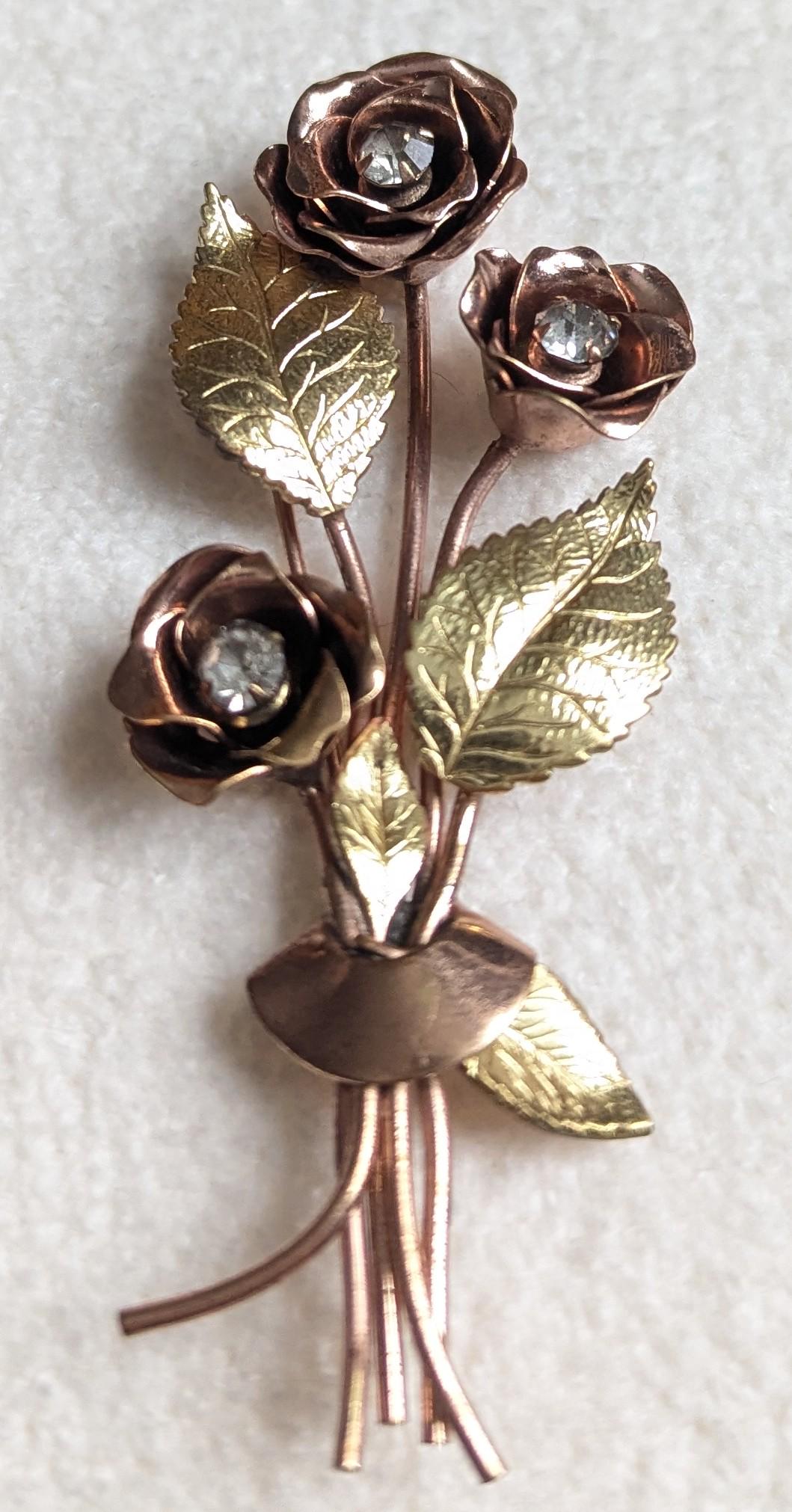 Coro Pegasus Rose Bouquet Brooch | Vintage Rhinestone Floral Pin | Two-Tone Gold Mid-Century Costume Jewelry