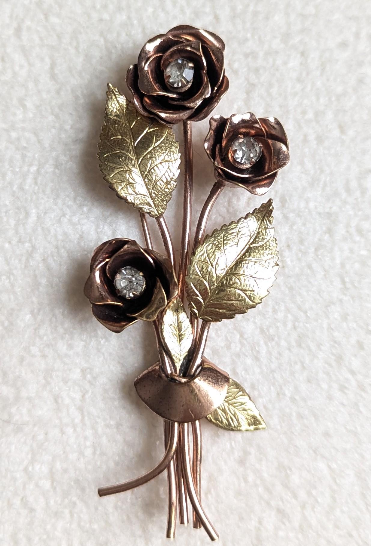 Coro Pegasus Rose Bouquet Brooch | Vintage Rhinestone Floral Pin | Two-Tone Gold Mid-Century Costume Jewelry