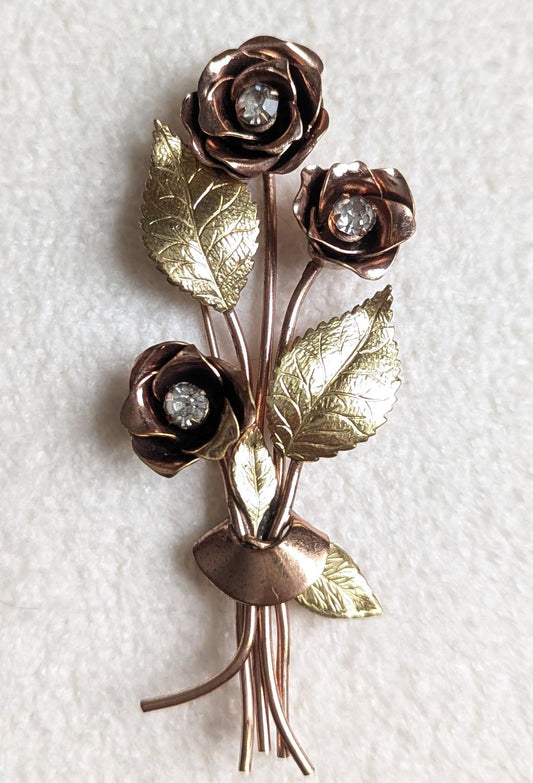 Coro Pegasus Rose Bouquet Brooch | Vintage Rhinestone Floral Pin | Two-Tone Gold Mid-Century Costume Jewelry