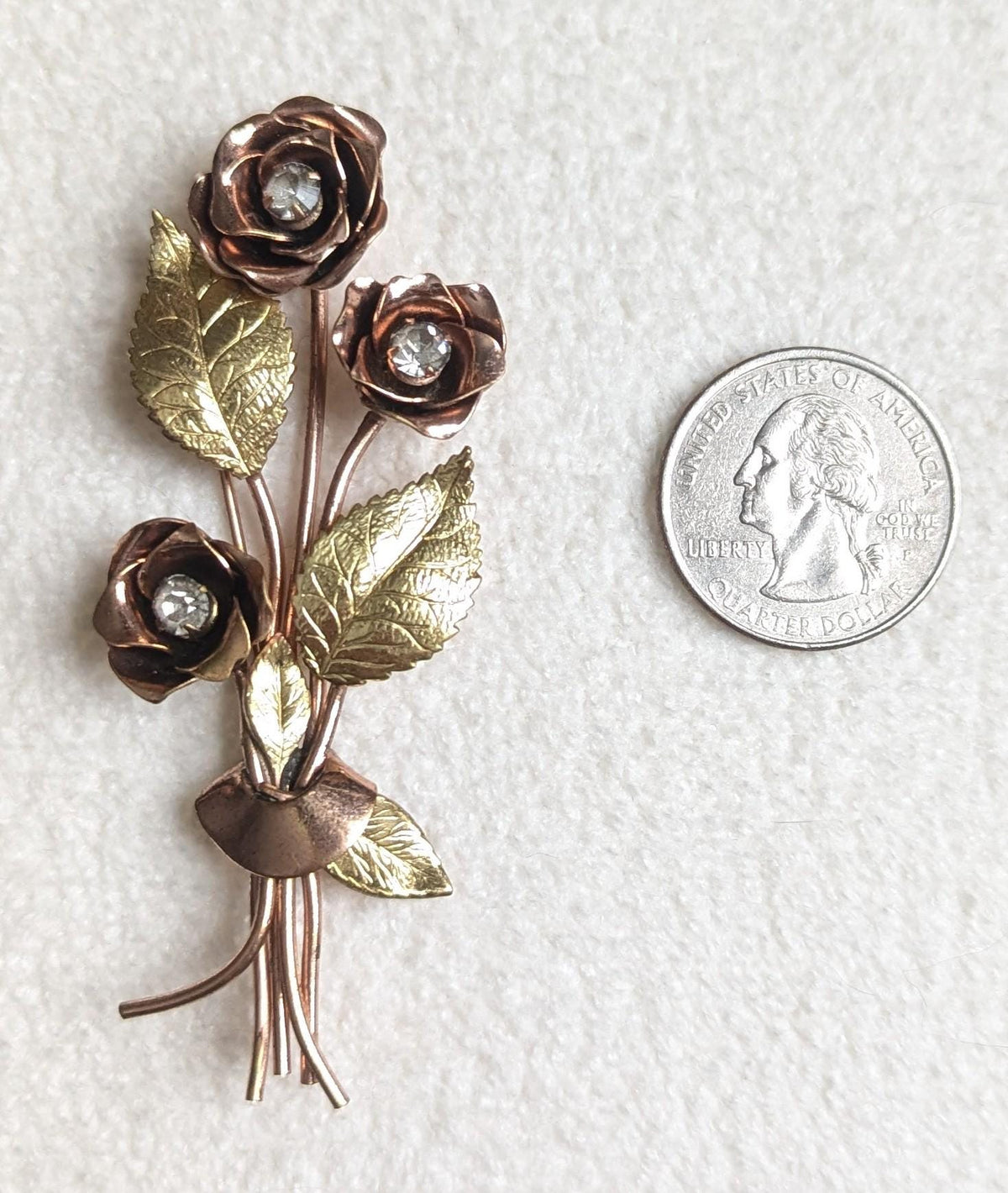 Coro Pegasus Rose Bouquet Brooch | Vintage Rhinestone Floral Pin | Two-Tone Gold Mid-Century Costume Jewelry