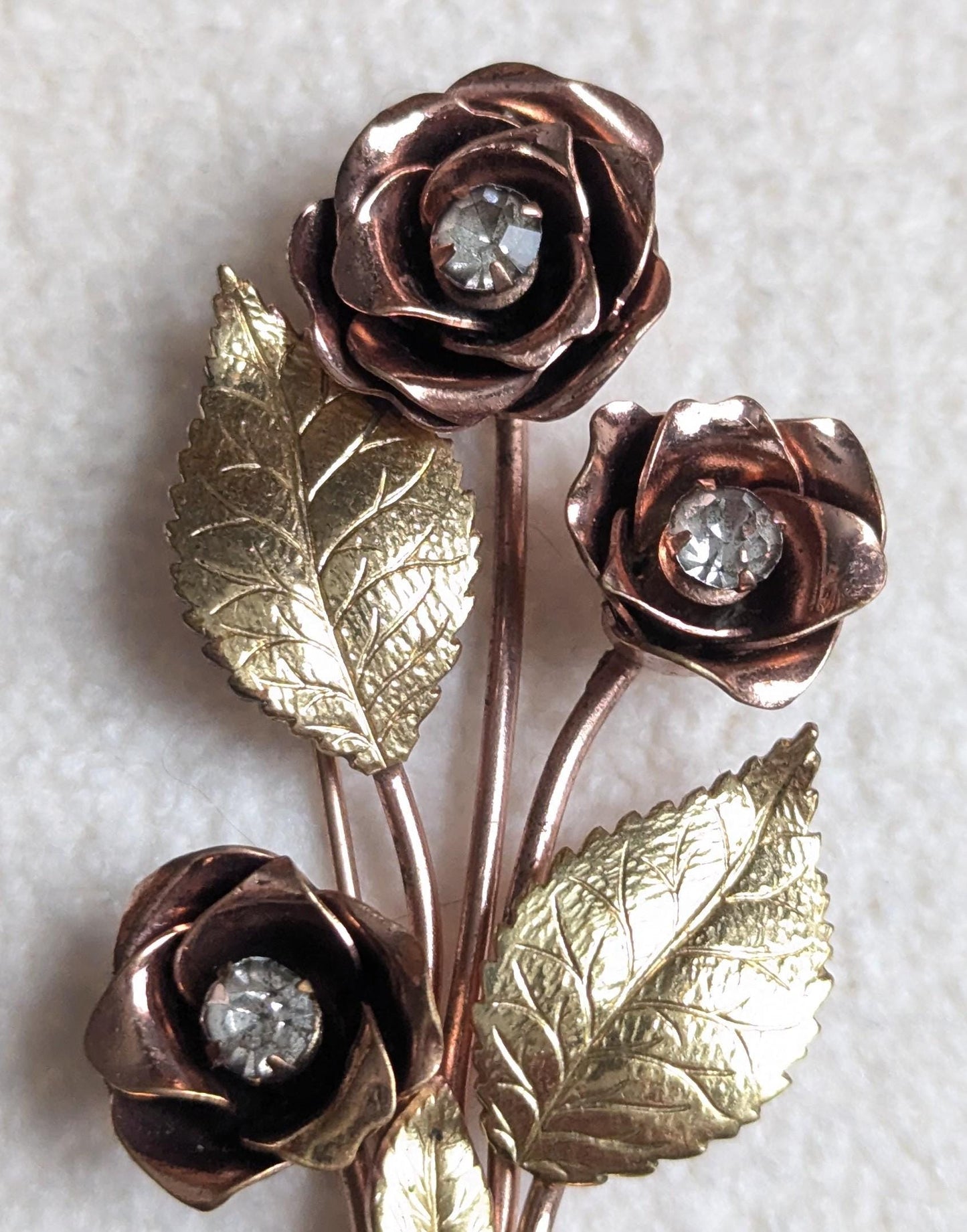 Coro Pegasus Rose Bouquet Brooch | Vintage Rhinestone Floral Pin | Two-Tone Gold Mid-Century Costume Jewelry