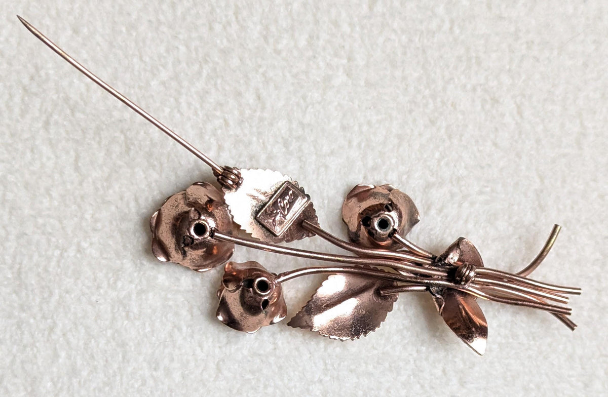 Coro Pegasus Rose Bouquet Brooch | Vintage Rhinestone Floral Pin | Two-Tone Gold Mid-Century Costume Jewelry