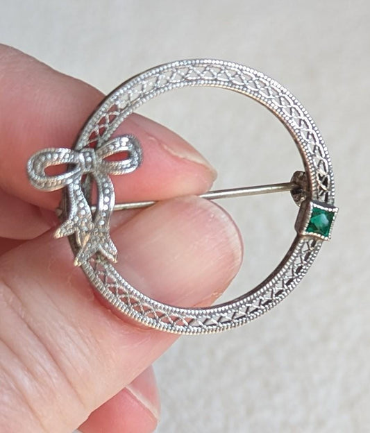 Vintage Sterling Filigree Circle Bow Brooch with Green Stone | Art Deco 1930s Silver Pin