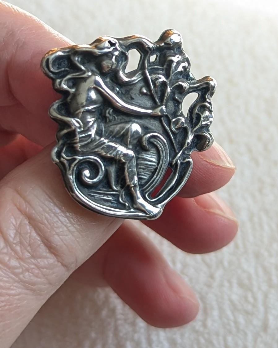 Antique Art Nouveau Sterling Silver Brooch | Repoussé Maiden, Nature Design