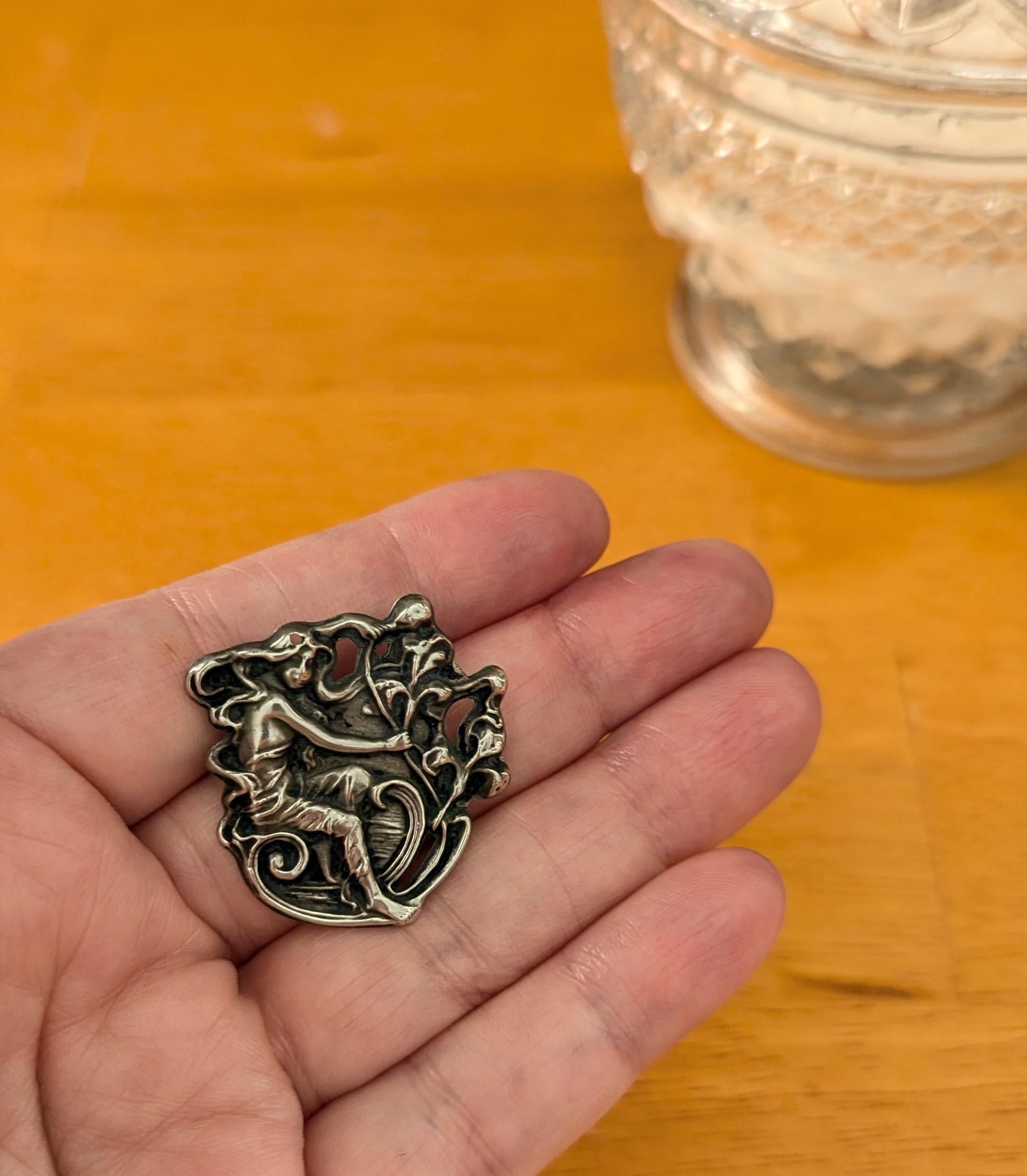 Antique Art Nouveau Sterling Silver Brooch | Repoussé Maiden, Nature Design