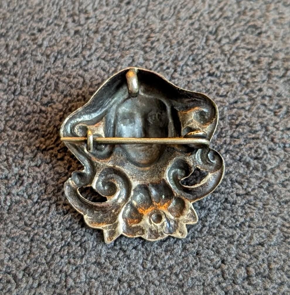 Antique Art Nouveau Sterling Silver Brooch Pendant, Repoussé Maiden Portrait