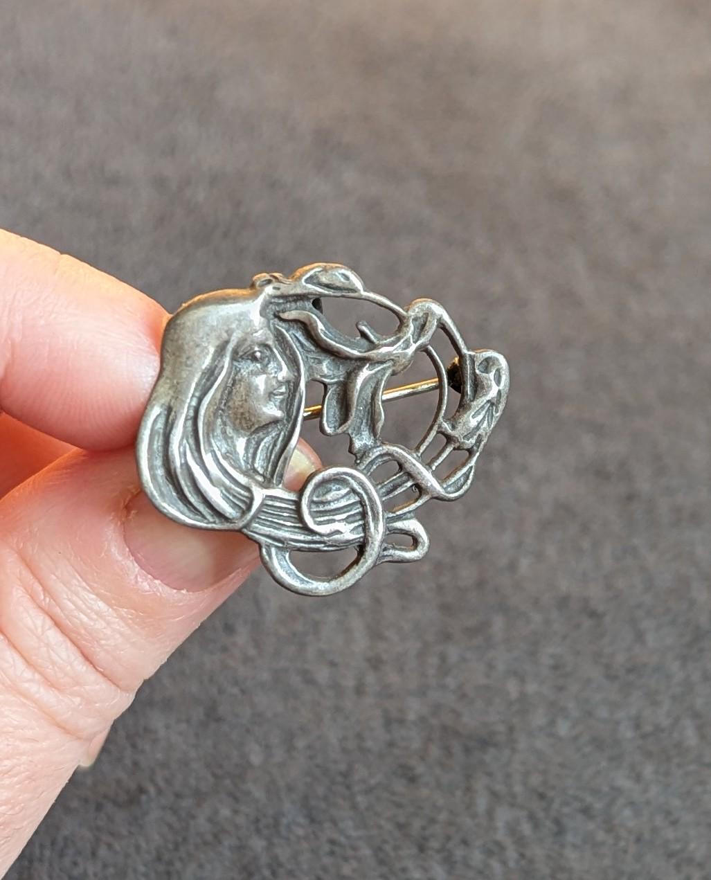 Vintage Art Nouveau Sterling Silver Convertible Brooch Pendant – 1930s Maiden Profile Pin
