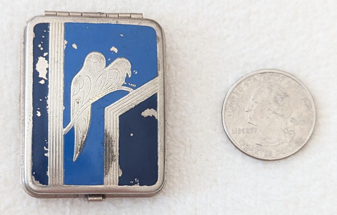 Antique Art Deco Folding Powder Compact with Blue Enamel Birds – 1920s