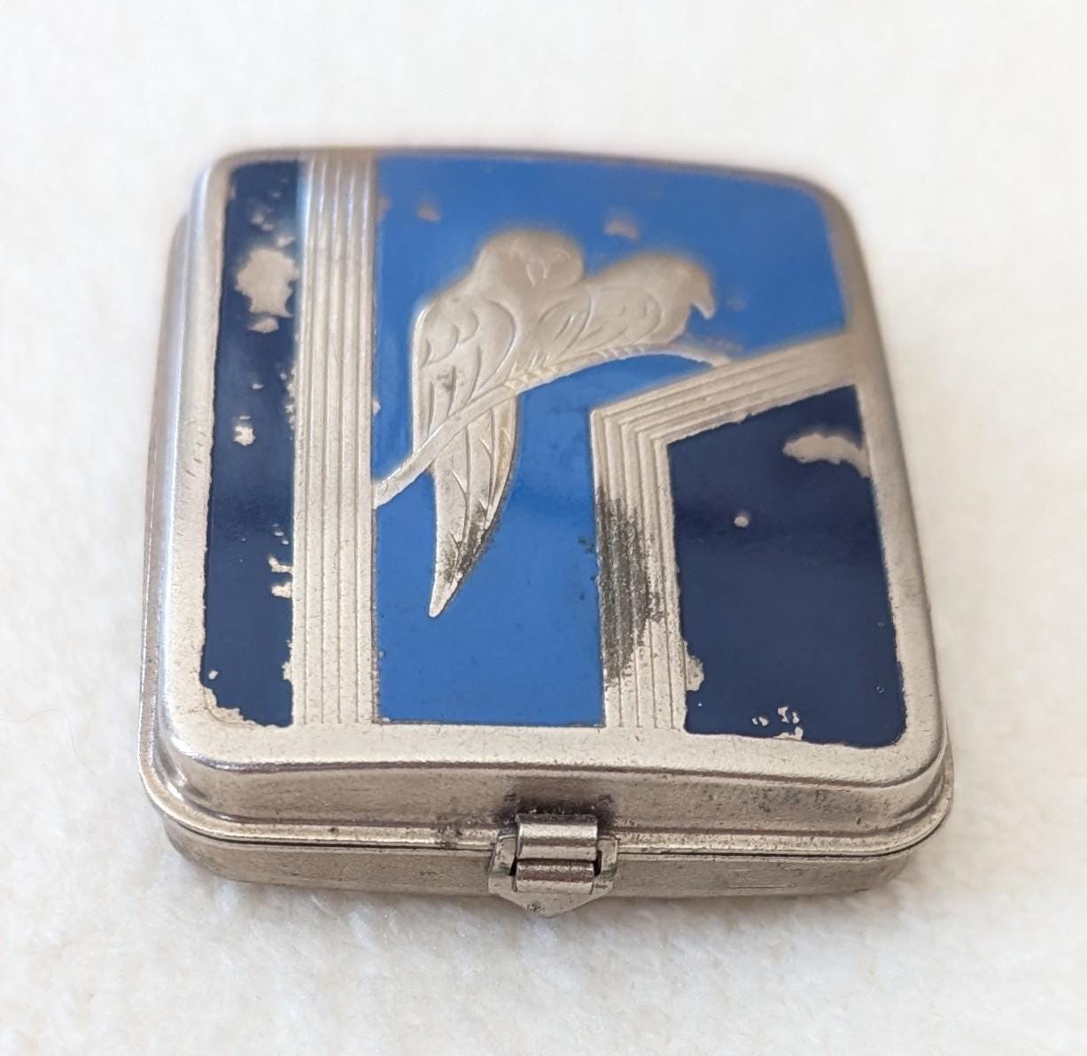 Antique Art Deco Folding Powder Compact with Blue Enamel Birds – 1920s