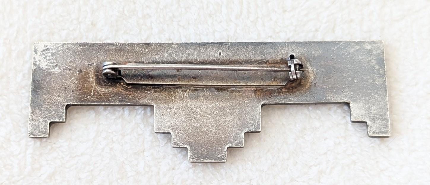 Authentic Art Deco Rhinestone Enamel Brooch – 1930s Geometric Stepped Bar Pin, Vintage Silver Tone Statement Jewelry