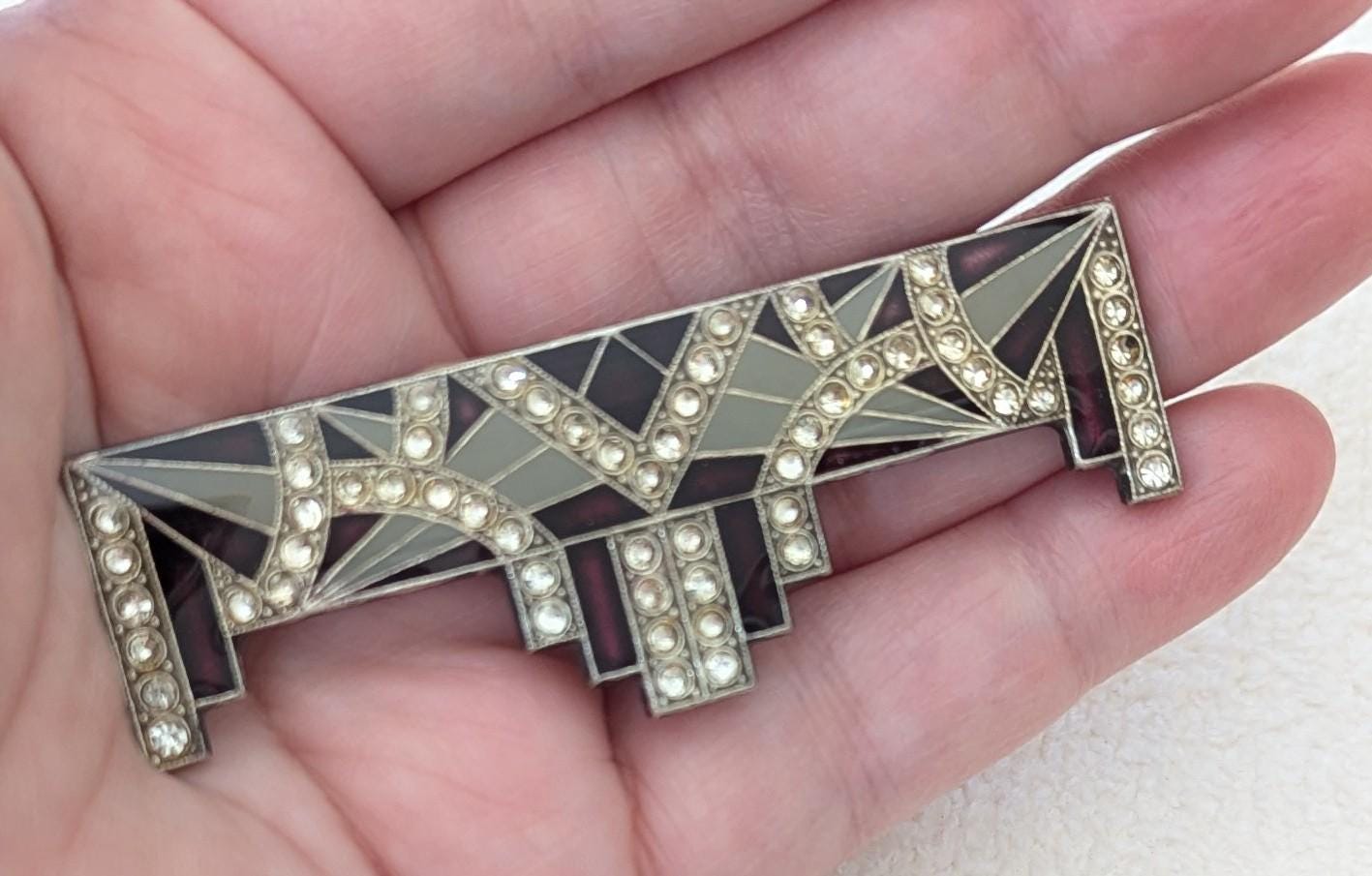 Authentic Art Deco Rhinestone Enamel Brooch – 1930s Geometric Stepped Bar Pin, Vintage Silver Tone Statement Jewelry