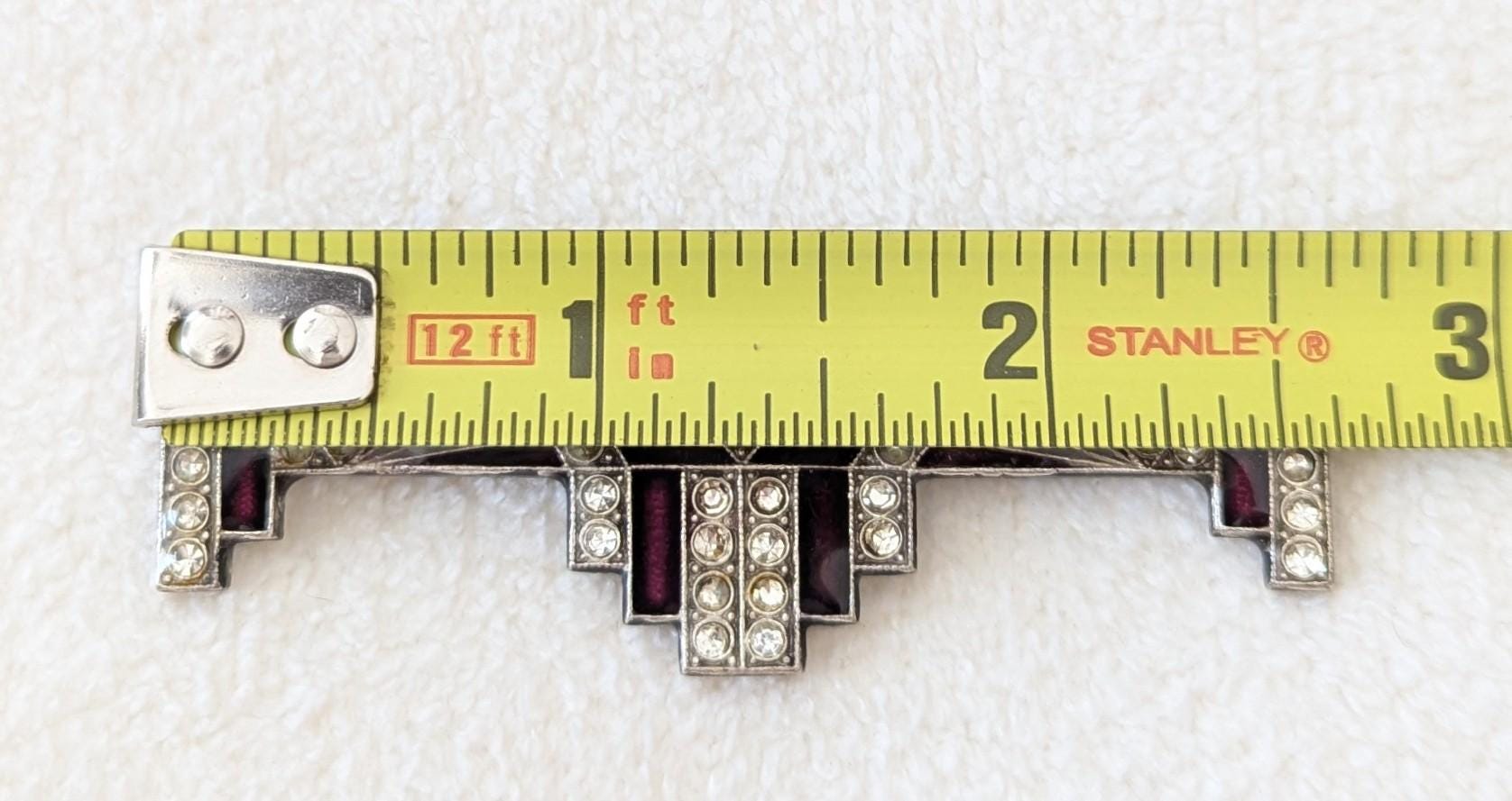 Authentic Art Deco Rhinestone Enamel Brooch – 1930s Geometric Stepped Bar Pin, Vintage Silver Tone Statement Jewelry