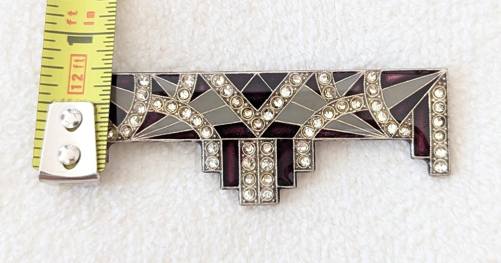 Authentic Art Deco Rhinestone Enamel Brooch – 1930s Geometric Stepped Bar Pin, Vintage Silver Tone Statement Jewelry