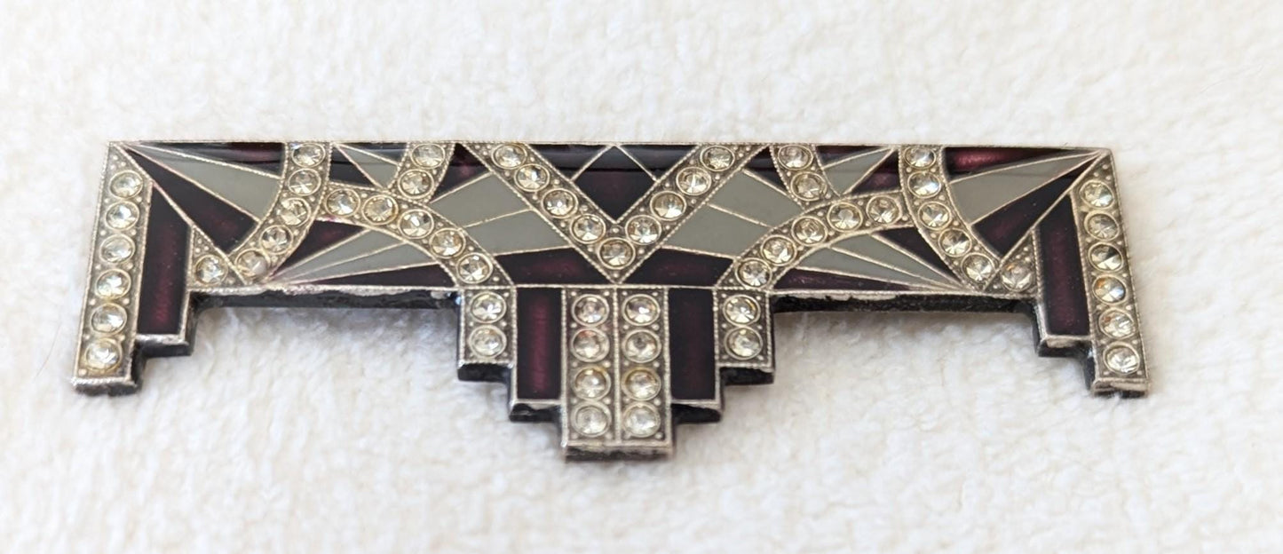 Authentic Art Deco Rhinestone Enamel Brooch – 1930s Geometric Stepped Bar Pin, Vintage Silver Tone Statement Jewelry