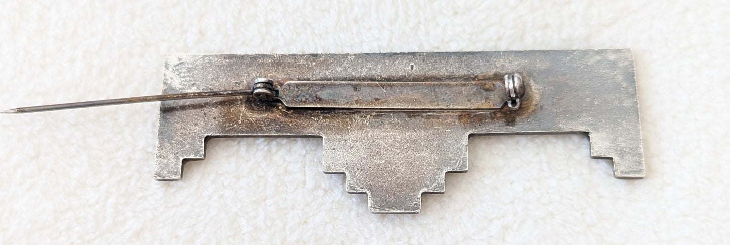 Authentic Art Deco Rhinestone Enamel Brooch – 1930s Geometric Stepped Bar Pin, Vintage Silver Tone Statement Jewelry