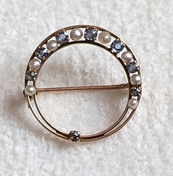 Antique Victorian 10k Gold Sapphire & Pearl Circle Brooch – Genuine 1800s Crescent Halo Pin