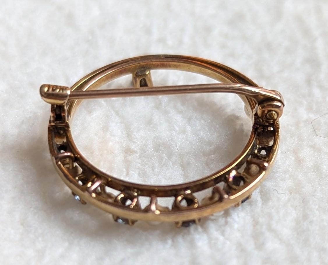 Antique Victorian 10k Gold Sapphire & Pearl Circle Brooch – Genuine 1800s Crescent Halo Pin