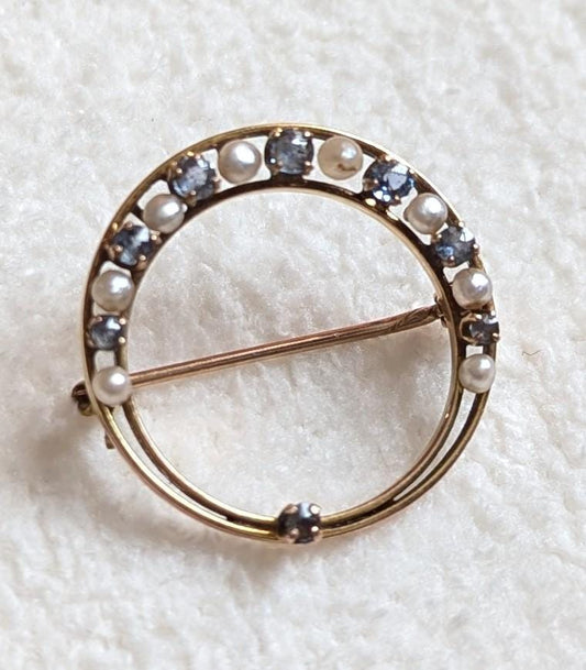 Antique Victorian 10k Gold Sapphire & Pearl Circle Brooch – Genuine 1800s Crescent Halo Pin